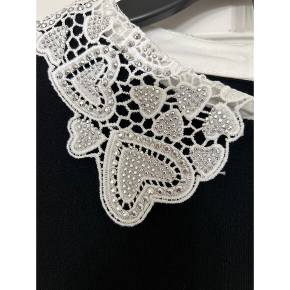 Siani Milano Black Lace Embellished Collared Sweater Size Medium Dainty Feminine - Picture 5 of 10